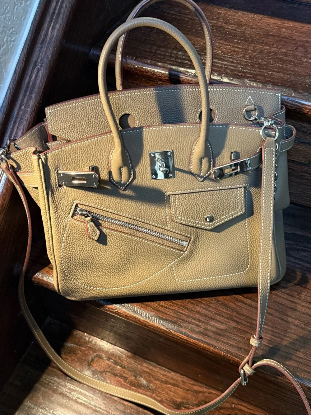 Leather Satchel Handbag in Taupe - Designer-Inspired Women Bag